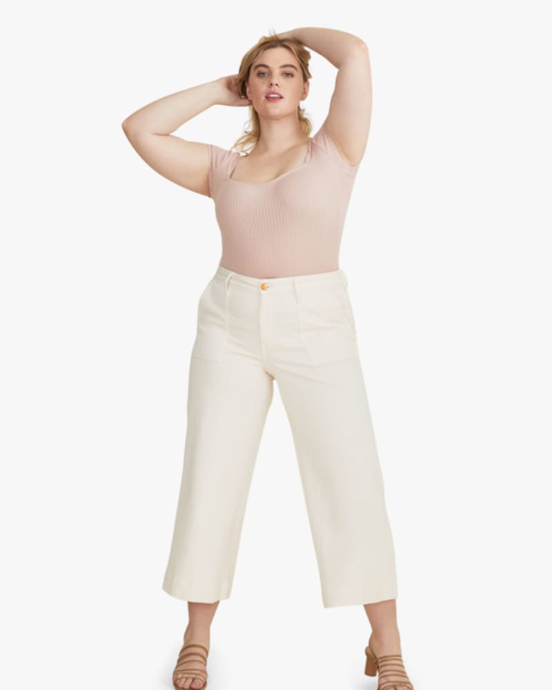 Front of a model wearing a size 14 Courtney High-Waist Wide-Leg Jeans in Bone by Warp + Weft. | dia_product_style_image_id:248922